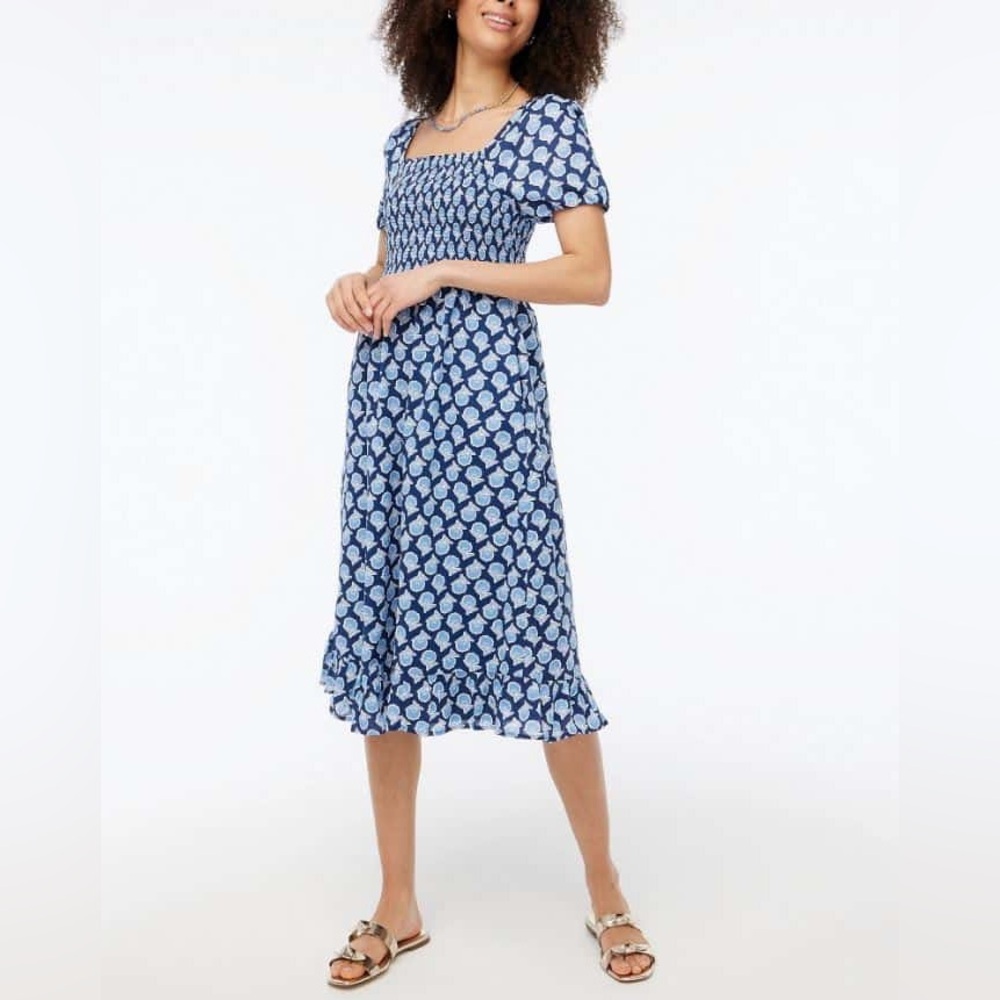 J. Crew Blue Floral Puff Sleeve Midi Dress